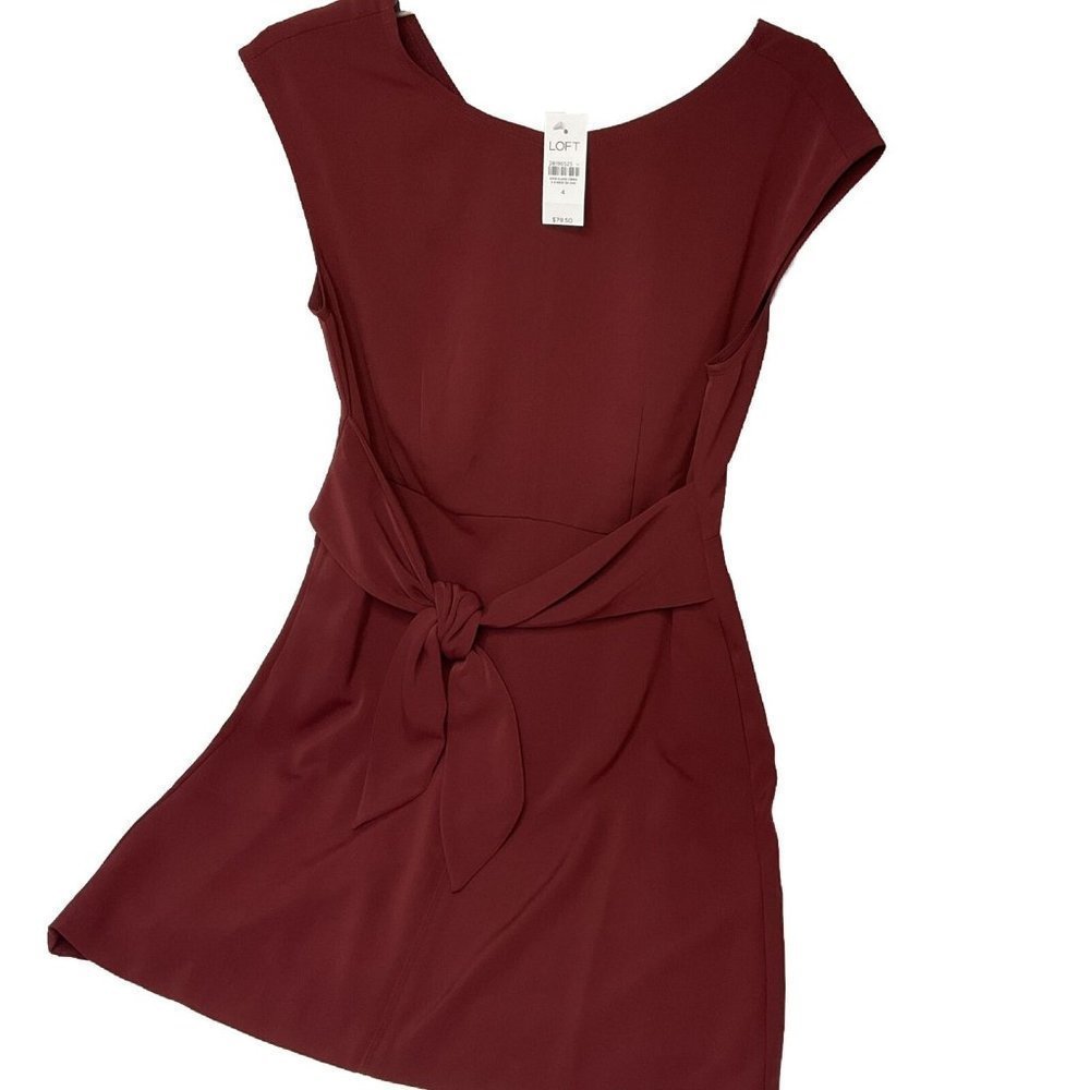 LOFT Sleeveless Belted Dress Womens Sz 4 Scoop Neck Burgundy Maroon Cocktail NWT